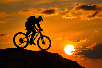 Fototapeta premium Man on mountain bike against sundown sky silhouette
