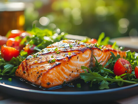 Delicious grilled salmon fillet served on a bed of fresh arugula and cherry tomatoes, perfect for a healthy meal.