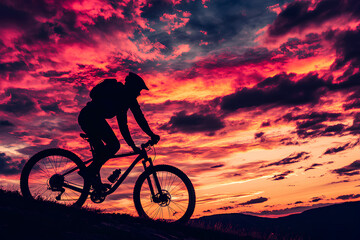 Obraz premium Man on mountain bike against sundown sky silhouette