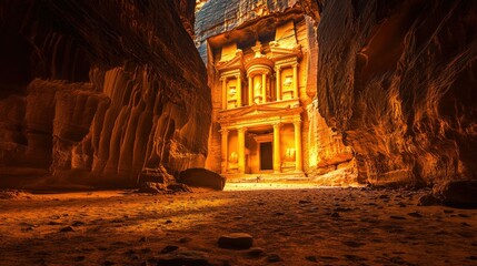 The ancient ruins of Petra, Jordan, with the Treasury building carved into rock, completely empty.