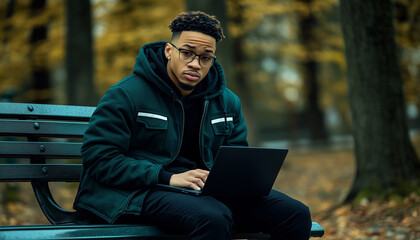 Obraz premium Young Black Man Working with a Laptop Outdoors in a Park