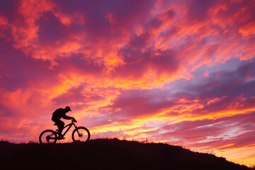 Obraz premium Man on mountain bike against sundown sky silhouette