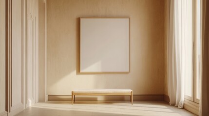 Mock up frame in a calm empty room with soft sand-colored walls, 3D render 
