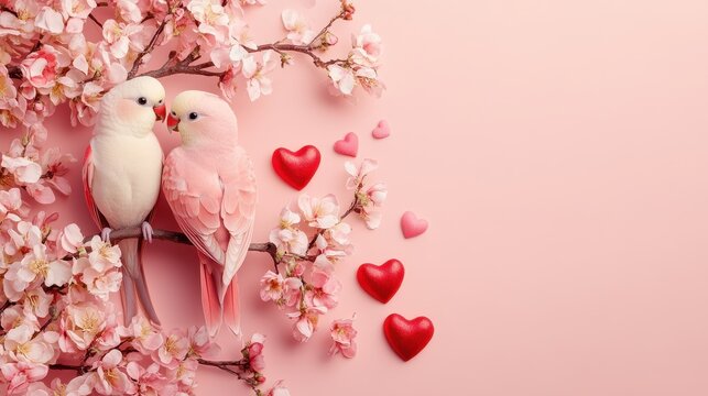 Two lovebirds on a branch, surrounded by hearts and flowers, celebrate love in pink