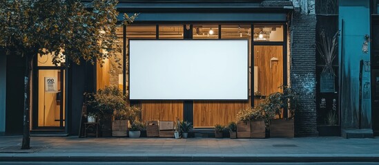 Blank storefront window with a large white sign on a city street.