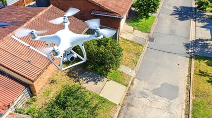 A drone flying over a residential area, capturing aerial views of the surroundings.
