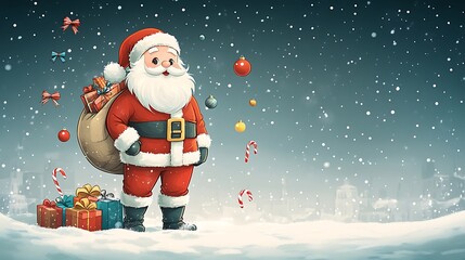 Naklejka premium Santa Claus standing in the snow, holding a sack of gifts, with candy canes, colorful baubles, and festive bows floating around, cute cartoon style, warm holiday colors, joyful winter scene,