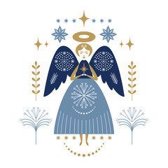 Christmas card. Vector illustration with transparent background. Christmas angel with xmas stars and snowflakes. 