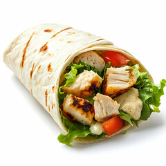 Delicious grilled chicken wrap with fresh vegetables, perfect for a healthy meal option, white isolate background.