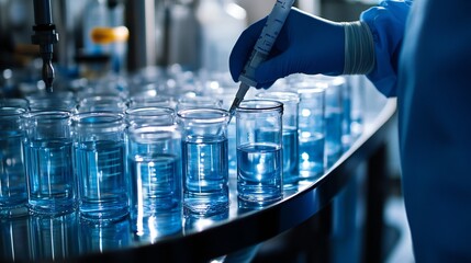 A side view of a doctor testing the pH levels of multiple water samples simultaneously in a lab