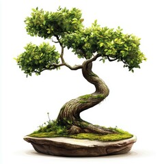 A bonsai tree with a gracefully curved trunk, lush green foliage, and a moss-covered base, presented on a stone platform against a white background.