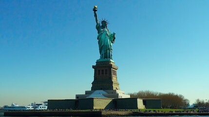 Fototapeta premium The Statue of Liberty with a clear blue sky behind it, with no boats or people in the vicinity.