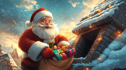 Santa Claus stuck halfway in a chimney, with colorful gifts spilling out of his bag, twinkling lights draped across the roof, cute cartoon style, bright festive colors, joyful winter night atmosphere,