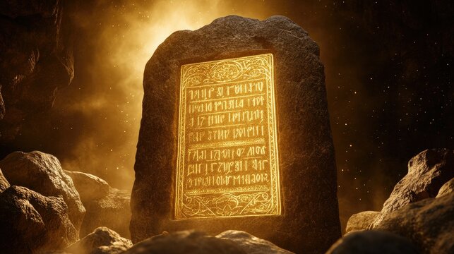 The Ten Commandments tablet icon, carved from stone and framed by a radiant light.