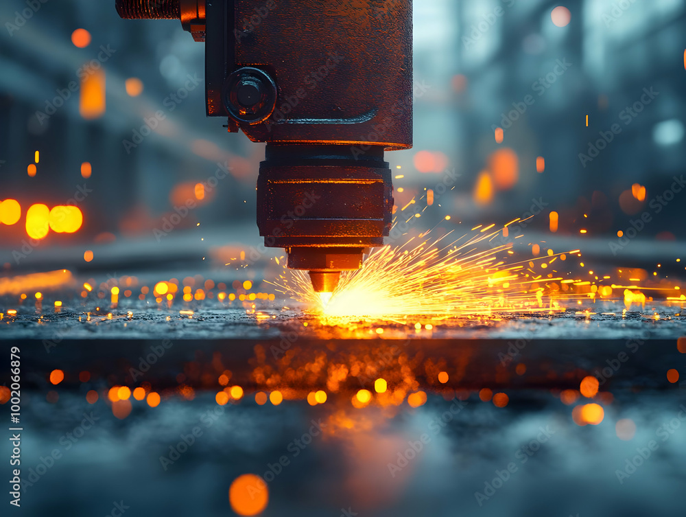 Poster close-up view of a cutting tool in action, creating sparks during metal processing.