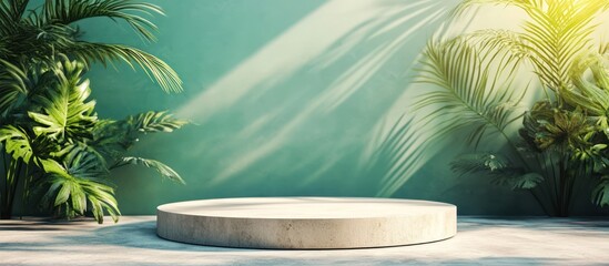 Obraz premium Circular stone pedestal with palm leaves on a green background.