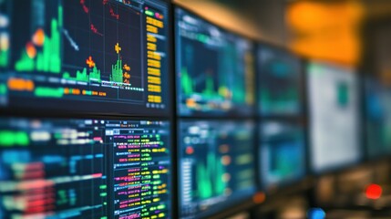 Obraz premium Multiple computer screens displaying financial data and stock market graphs.