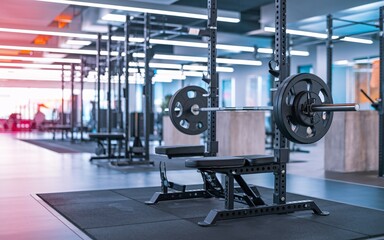 Modern gym interior with a weight bench and barbell, with rows of other workout equipment in the background.