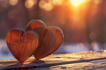 Fototapeta premium Two wooden heart-shaped objects on a rustic wooden surface illuminated by warm sunlight for a natural and romantic atmosphere