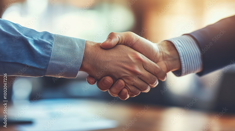 Poster close up of two hands shaking across table in professional setting, symbolizing agreement and collab
