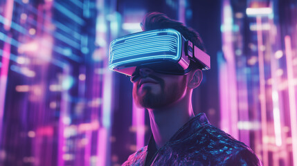 Fototapeta na wymiar W świecie zdominowanym przez technologię, mężczyzna z VR headsetem eksploruje metawersum, które zdaje się nie mieć końca. 