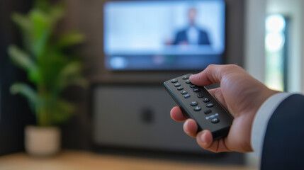 consultants hand is adjusting presentation remote while focused on screen, showcasing professional setting. atmosphere conveys concentration and engagement