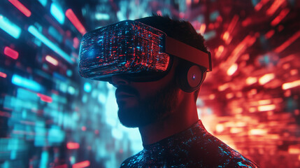 Fototapeta na wymiar W świecie zdominowanym przez technologię, mężczyzna z VR headsetem eksploruje metawersum, które zdaje się nie mieć końca. 