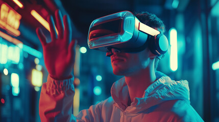 Fototapeta na wymiar W świecie zdominowanym przez technologię, mężczyzna z VR headsetem eksploruje metawersum, które zdaje się nie mieć końca. 