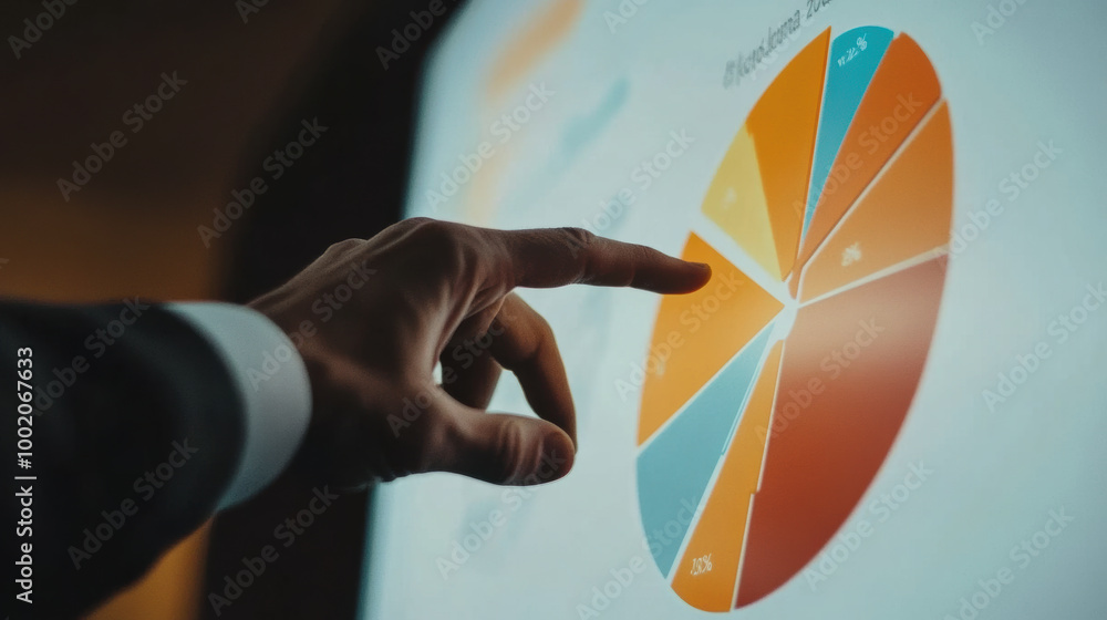 Poster consultants hand gesturing towards colorful pie chart, illustrating data analysis and business insig