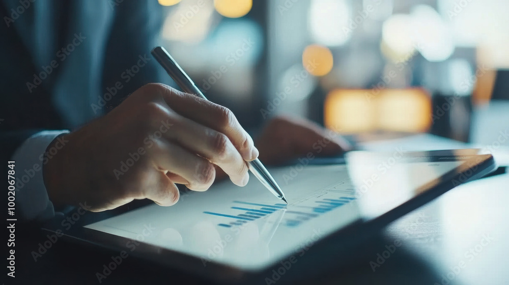 Poster consultants hand holding digital pen while reviewing data on tablet, showcasing graphs and charts in