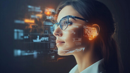 Kobieta biznesu korzysta z nowoczesnych technologii, przedstawiona z wizualizacją przechowywania osobistych informacji w głowie, symbolizującą cyfrową pamięć i innowacyjność.