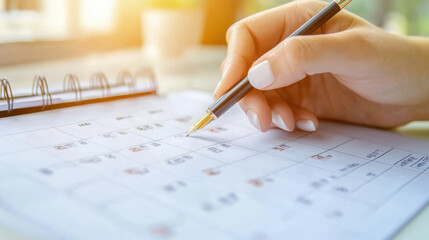 Planning and organization are essential, as hand holds pen over calendar, marking important dates and tasks. This image captures essence of productivity and time management