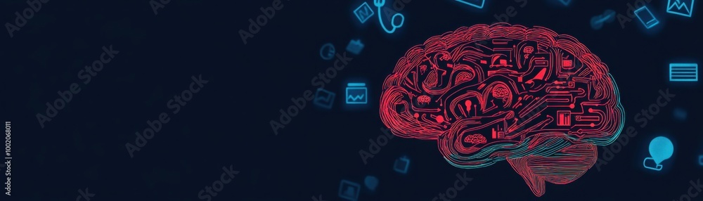 Poster digital brain visual with swirling lines and icons