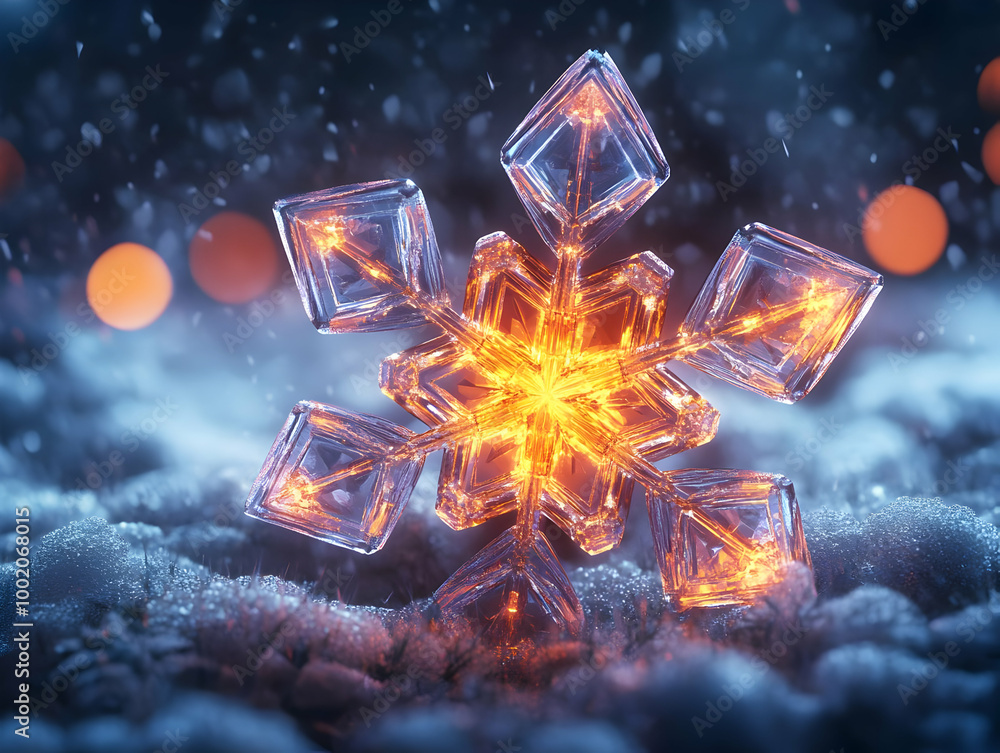 Poster a luminous snowflake shines brightly amidst soft snow, creating a magical winter scene with glowing 