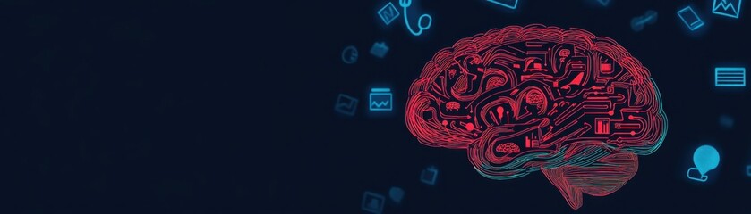 Fototapeta premium Digital Brain Visual with Swirling Lines and Icons