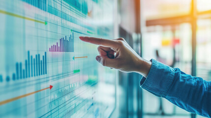 Consultants hand pointing at timeline on digital display, showcasing data trends and analytics. image conveys sense of professionalism and focus