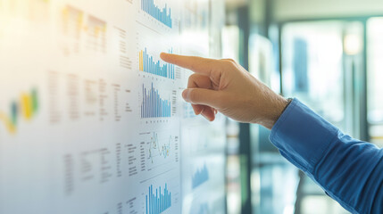 consultants hand is pointing at timeline on whiteboard filled with various data visualizations, showcasing trends and statistics in professional setting