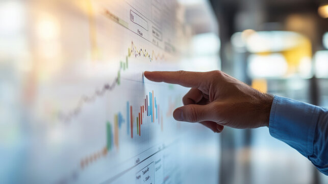 Consultants hand pointing at timeline on whiteboard, illustrating data trends and analysis. image conveys sense of professionalism and focus