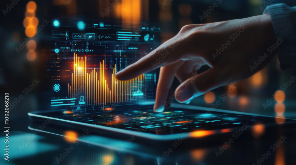 Poster consultants hand interacts with digital tablet displaying vibrant data visualizations and graphs, sh