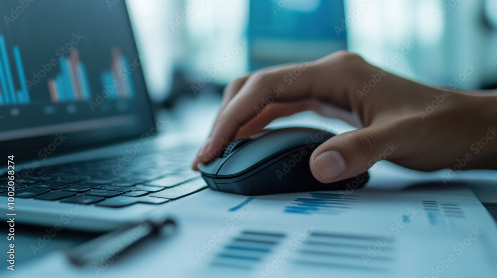 Poster consultants hand rests on mouse while navigating data on laptop, surrounded by charts and graphs, re
