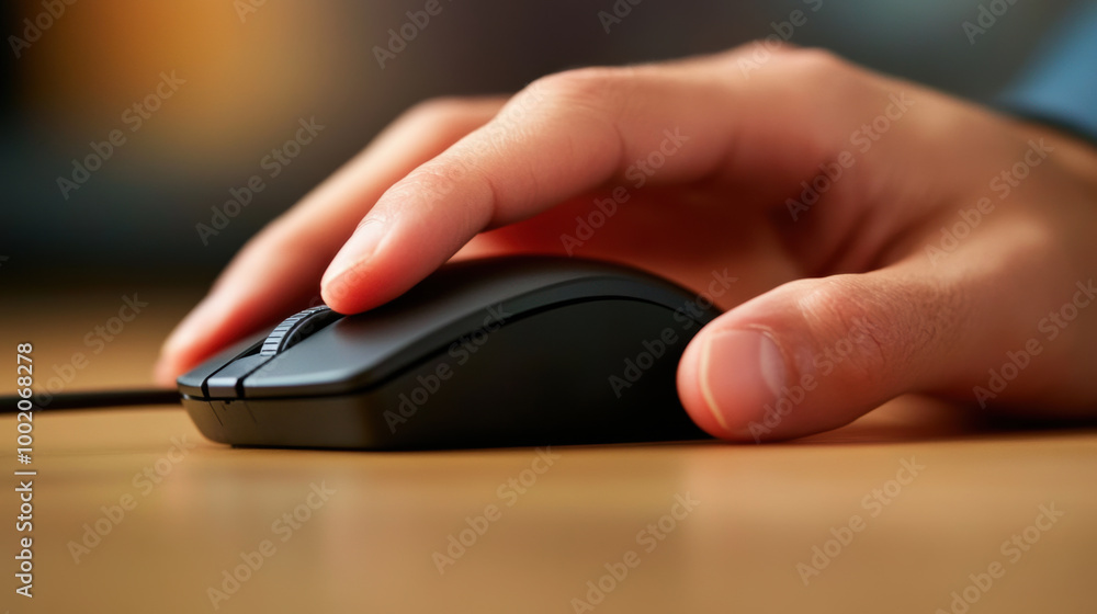 Aufkleber consultants hand rests on black computer mouse, navigating through tasks with focus and precision. i