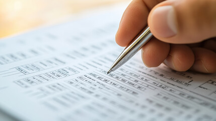Obraz premium consultants hand is resting on printed financial document, highlighting important data with pen. This scene captures essence of financial analysis and decision making