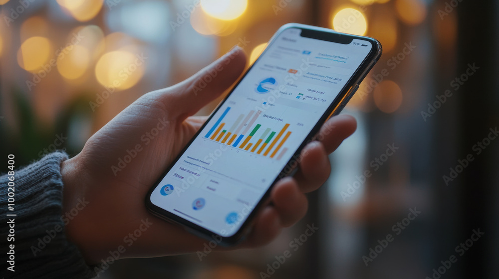 Poster person is holding smartphone displaying colorful data graphs and statistics, showcasing analytical i