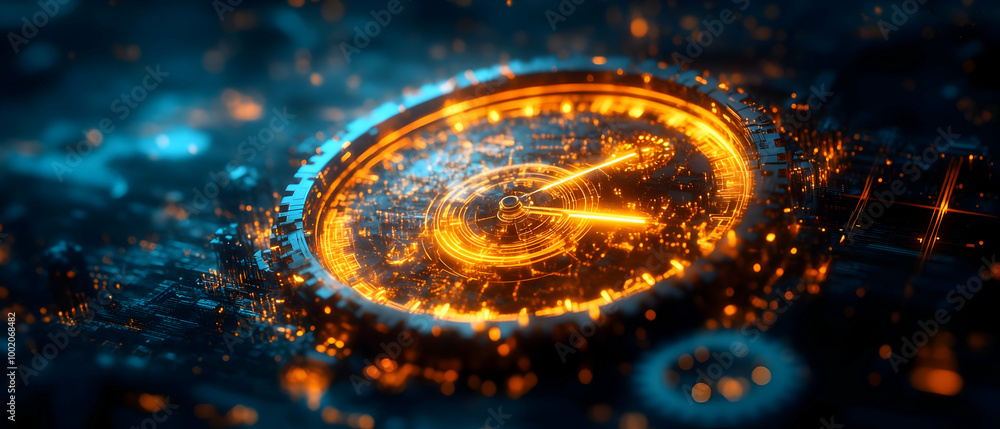 Poster abstract digital clock with glowing gears and particles, showcasing time in a futuristic design.