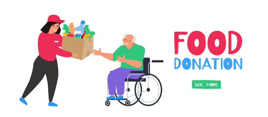 food donation volunteer with grocery products box and senior man  in wheelchair  vector illustration