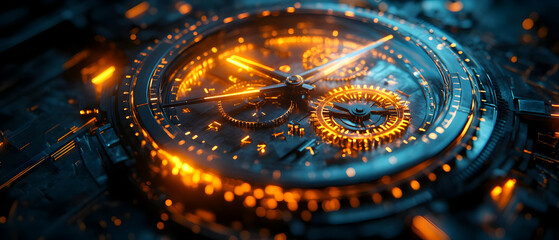 Close-up of a futuristic watch with glowing features and intricate details, showcasing advanced technology and design.