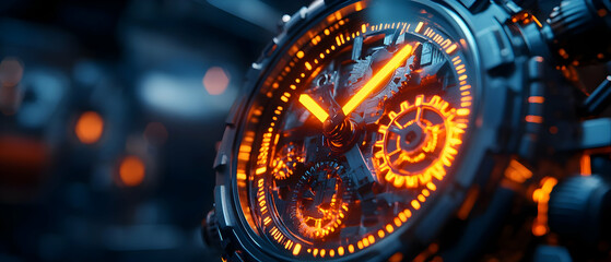 Close-up of a futuristic watch with glowing orange gears and intricate details, showcasing advanced technology and design.
