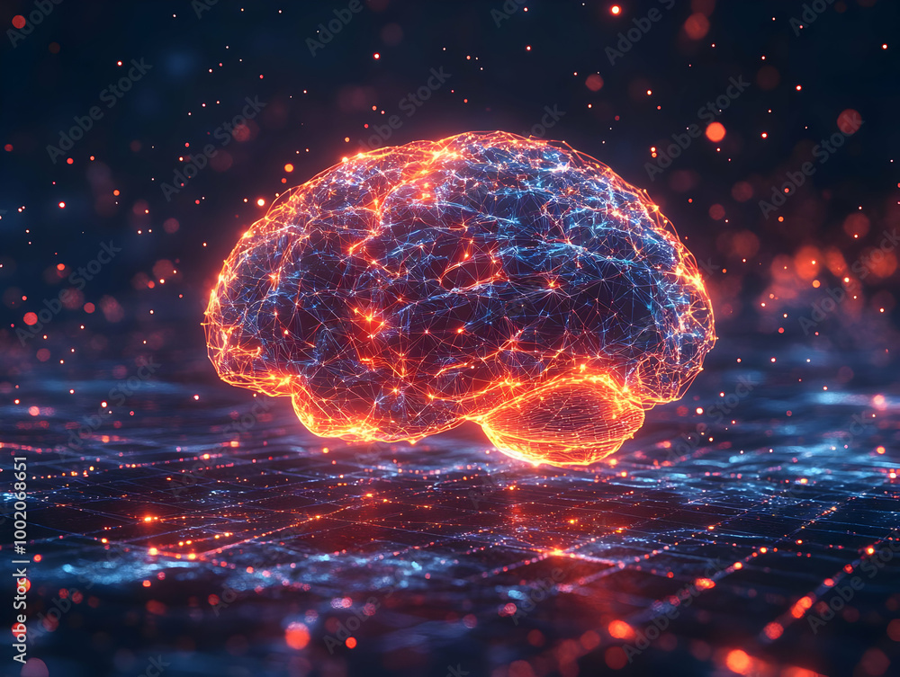 Poster abstract representation of a brain with glowing neural connections on a digital background.