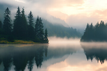 Misty morning scene of Lacu Rosu lake. Foggy summer sunrise