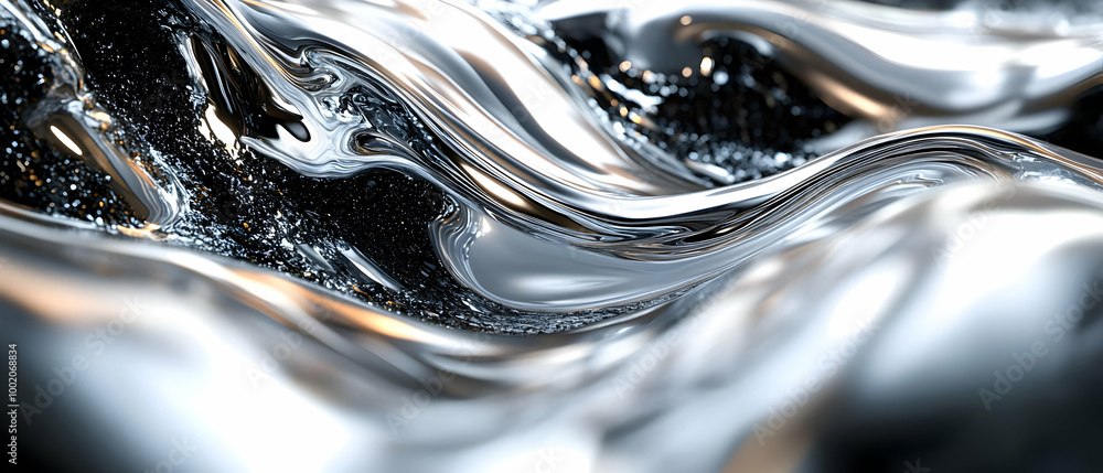 Poster abstract metallic waves with dynamic textures and reflective surfaces, creating a sense of fluid mov